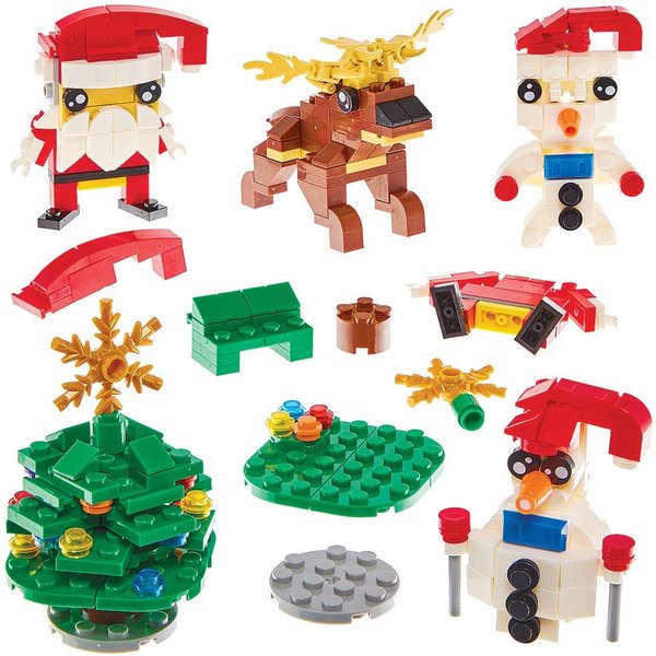 Christmas Building Brick Kits (Pack of 4) Christmas Toys, 4 Designs - Santa, Snowman, Reindeer & Christmas Tree, Stocking Fillers
