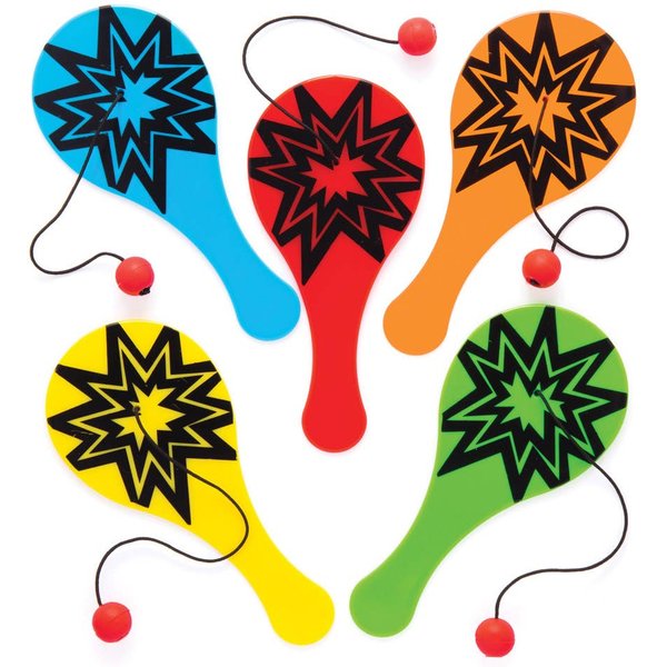 Mini Paddle Ball (Pack of 5) Pocket Money Toys 5 assorted colours - Red, Yellow, Green, Orange & Blue