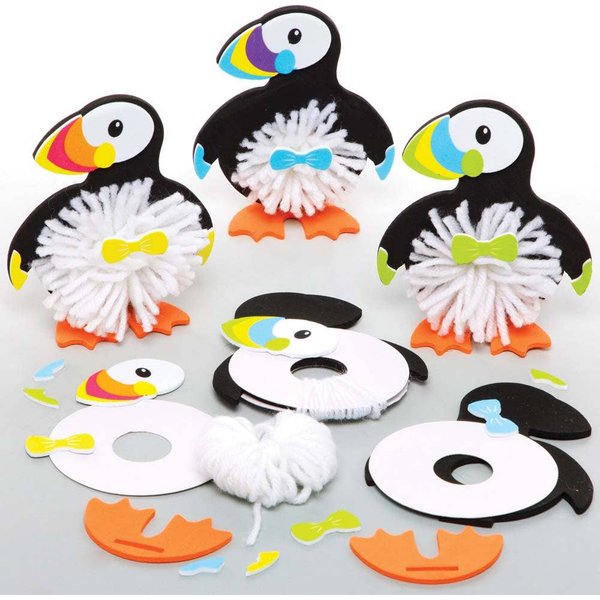 Puffin Pom Pom Kits (Pack of 3) Art Craft Kits 3 assorted colours - Green, Yellow & Blue
