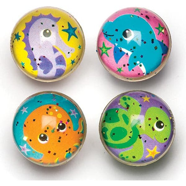 Sealife Glitter Bouncy Balls (Pack of 8) Pocket Money Toys, 4 Assorted Designs - Turtle, Octopus, Dolphin & Sea Horse