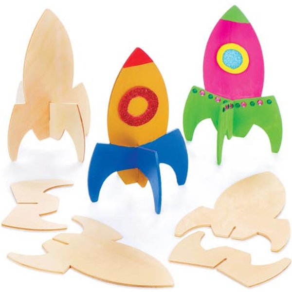 Stand-up Wooden Rockets (Pack of 6) Decoration Craft Kits, Assembled Size Approx. 16cm, No Glue Required