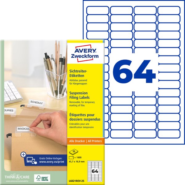 AVERY Zweckform Stick+Lift Sichtreiter-Etiketten, weiß