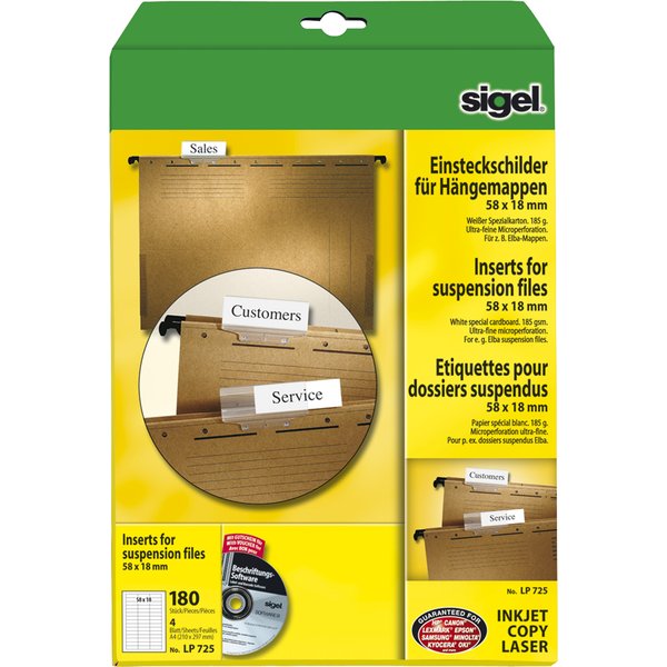 sigel PC-Einsteckschilder für Hängemappen, 58 x 18 mm, weiß
