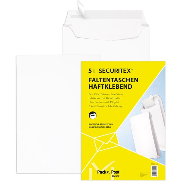SECURITEX Faltenversandtasche B4, ohne Fenster, weiß