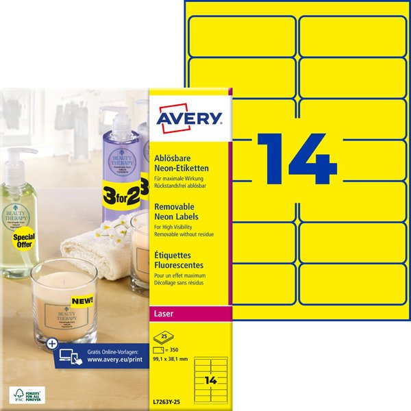 AVERY Zweckform Stick&Lift Etiketten, 99,1 x 38,1 mm, gelb