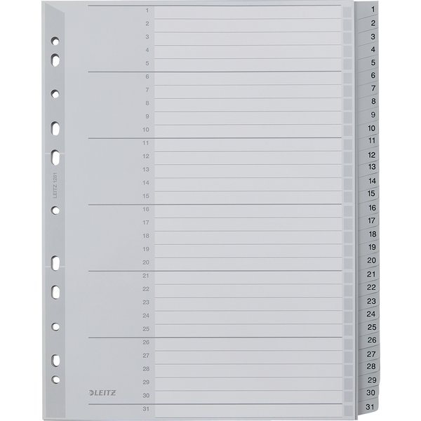 LEITZ Kunststoff-Register, Zahlen, A4 Überbreite, 1-31, grau