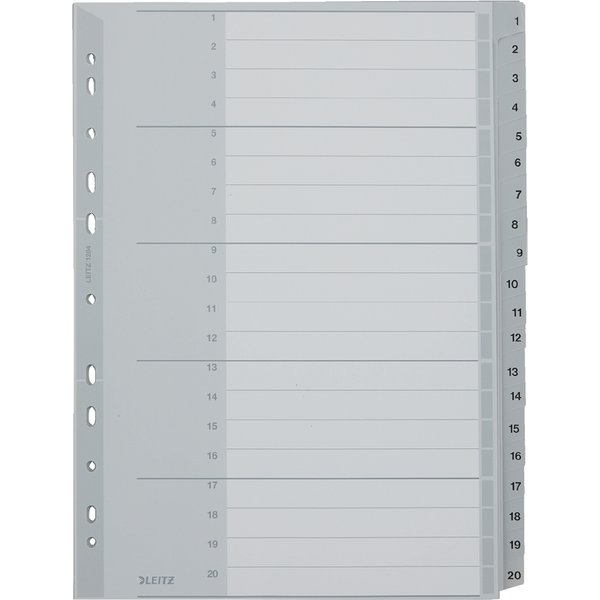 LEITZ Kunststoff-Register, Zahlen, A4 Überbreite, 1-20, grau