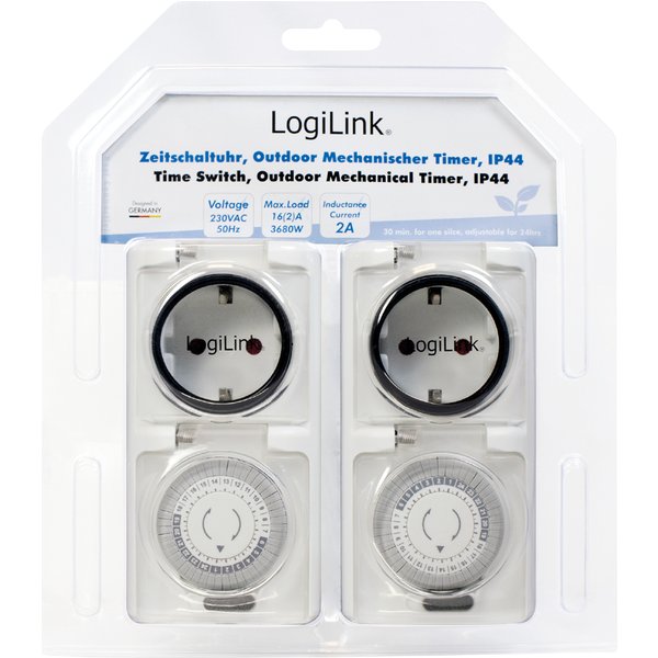 LogiLink Mechanische Zeitschaltuhr, 2er Set, IP44, weiß
