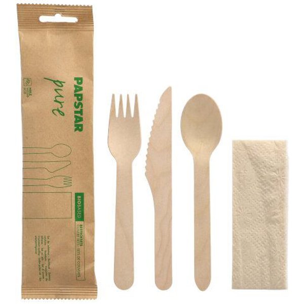 PAPSTAR Besteck-Set , pure, , aus Birkenholz, 4-teilig