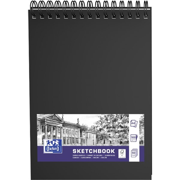 Oxford Skizzenbuch Spiralbindung, DIN A4, 50 Blatt, schwarz
