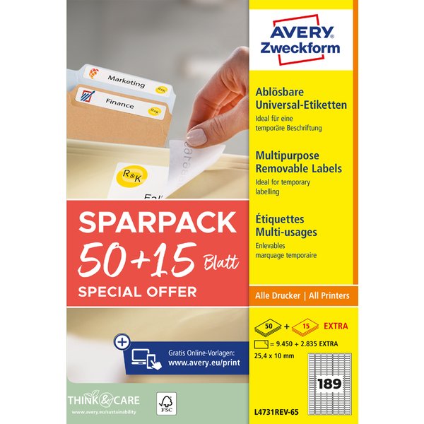 AVERY Zweckform Universal-Etiketten, 96 x 50,8 mm, 50+15 Bl