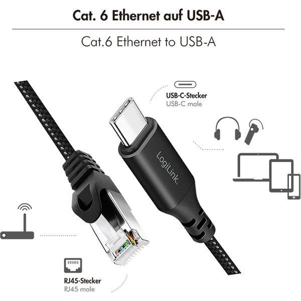 LogiLink USB 3.2 Ethernet-Kabel, USB-C - RJ45 Stecker, 3,0 m
