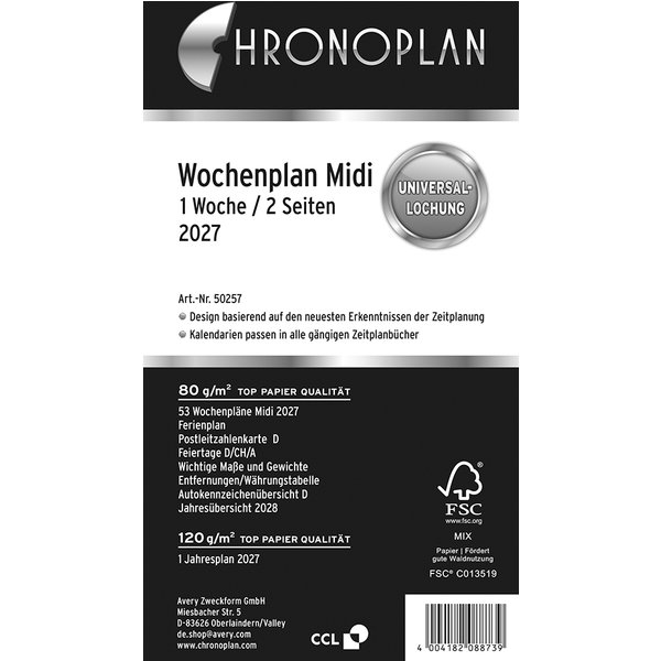 CHRONOPLAN Wochenplan 2027, 1 Woche/2 Seiten, Midi, Zahlen
