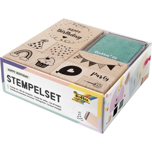 folia Motivstempel-Set , Happy Birthday, , aus Holz, 11-teilig
