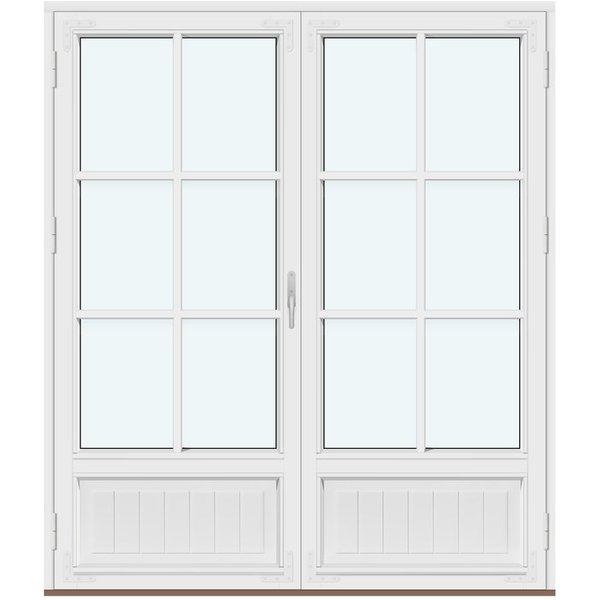 Historic-Style Two-Panel Outswing Patio Doors | 2 door leaves with panels, 2 horizontal decorative bars, and 1 vertical decorative bar
