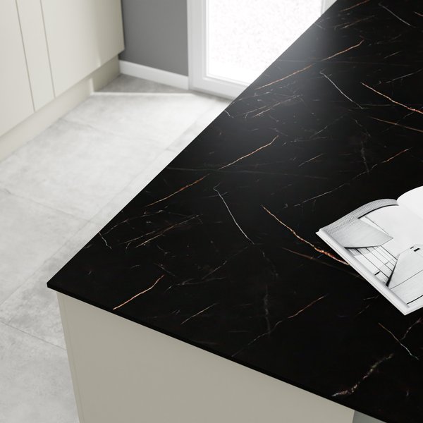 Encimera compacta con superficie hidrófuga doble cara efecto marmol negroy negro jupiter 300x60cm