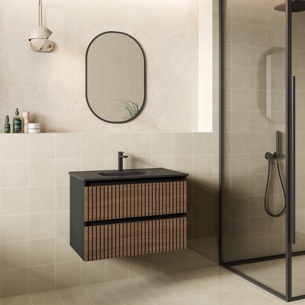 Mueble de baño suspendido fabia color nogal y negro 80x45cm algicocina