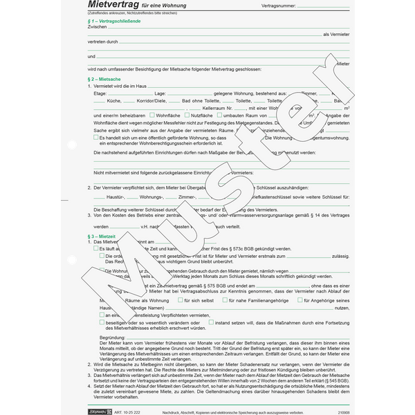 Formular „Mietvertrag für Wohnungen“ mit Übergabeprotokoll | A4