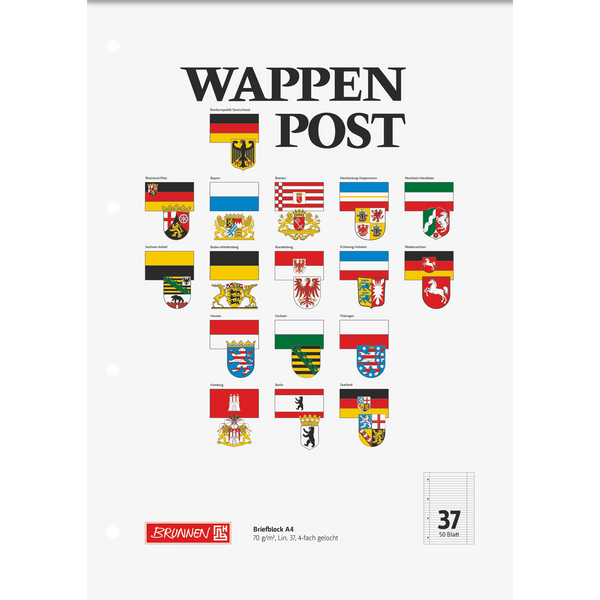 Briefblock „Wappen-Post“ gelocht | A4, Lineatur 37, 50 Blatt, mehrfarbig