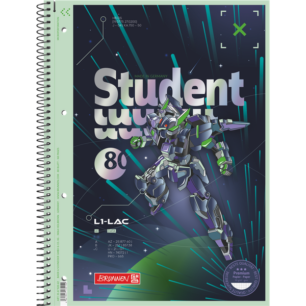 Collegeblock Premium Student Robot Heroes | A4, Lineatur 28, 80 Blatt, dunkelblau/mint