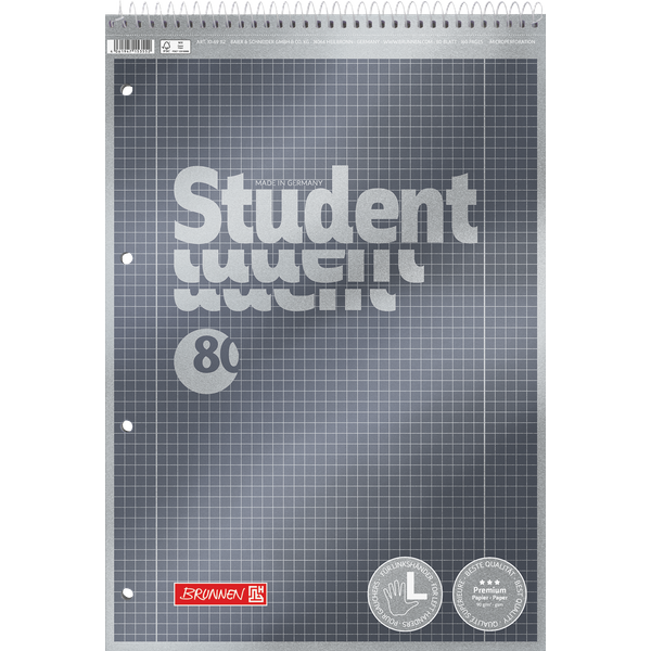 Collegeblock Premium Student Spirale oben | A4, Lineatur 28, 80 Blatt, anthrazit