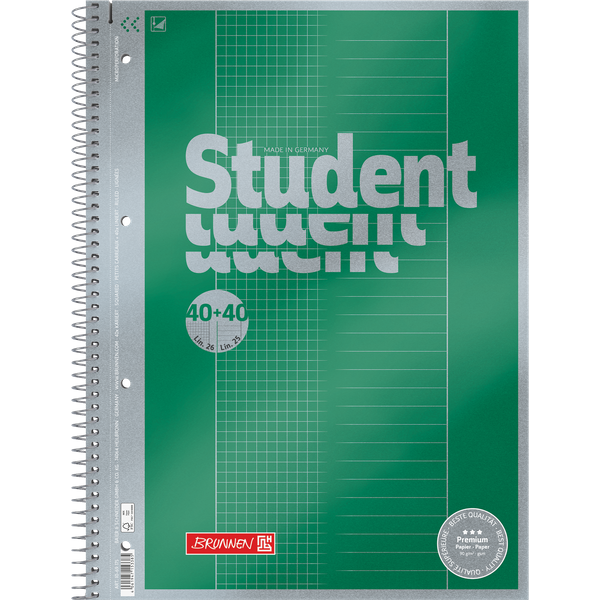 Collegeblock Premium Student „DUO“ | A4, kariert/liniert, 80 Blatt, grün