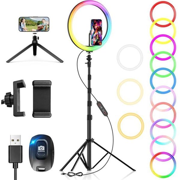 KJEHOME 12 Ring Light avec Trépied Grand 3 en 1 Support 186 cm Bureau Selfie Stick 38 Modes Écirage pour