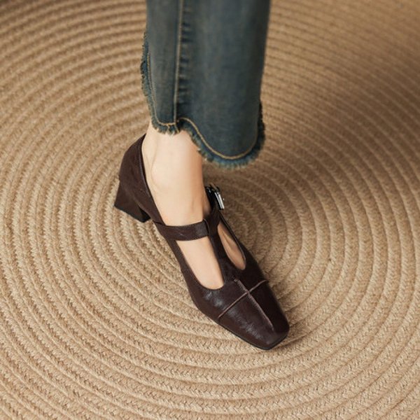 CHIKO Fabrianne Square Toe Block Heels T-Strap Shoes