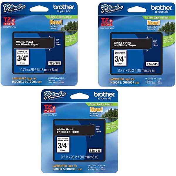 Brother TZe345 Original P-Touch Label Tape - 3/4 x 26.2 ft (18mm x 8m) White on Black - Pack of 3 (3 Pack)
