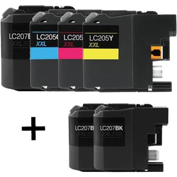 Compatible Brother LC207BK/LC205C/M/Y Full Set + 2 EXTRA Black Ink Cartridges (6 Pack) Multipack