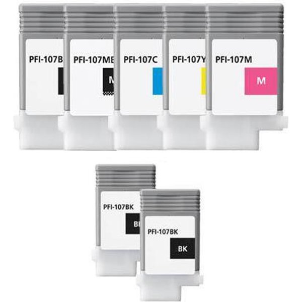Compatible Canon PFI-107 BK/C/M/Y Full Set + 2 EXTRA Black Inkjet Cartridges (7 Pack) Multipack