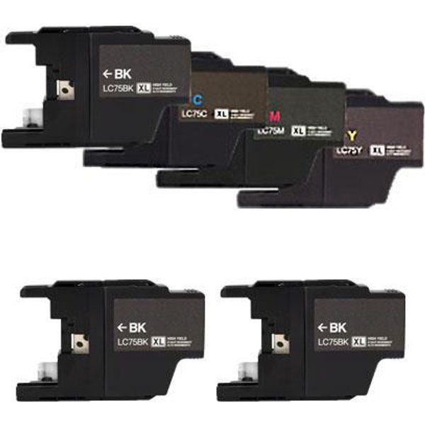 Compatible Brother LC75BK/C/M/Y Full Set + 2 EXTRA Black Ink Cartridges (6 Pack) Multipack