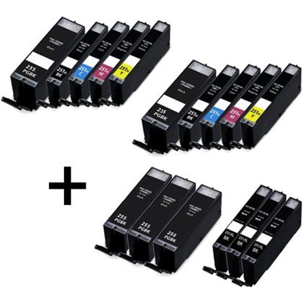 Compatible Canon PGI-255XXLBK/CLI-251XLBK/C/M/Y 2 Full Set + 6 EXTRA Black Inkjet Cartridges (16 Pack) Multipack
