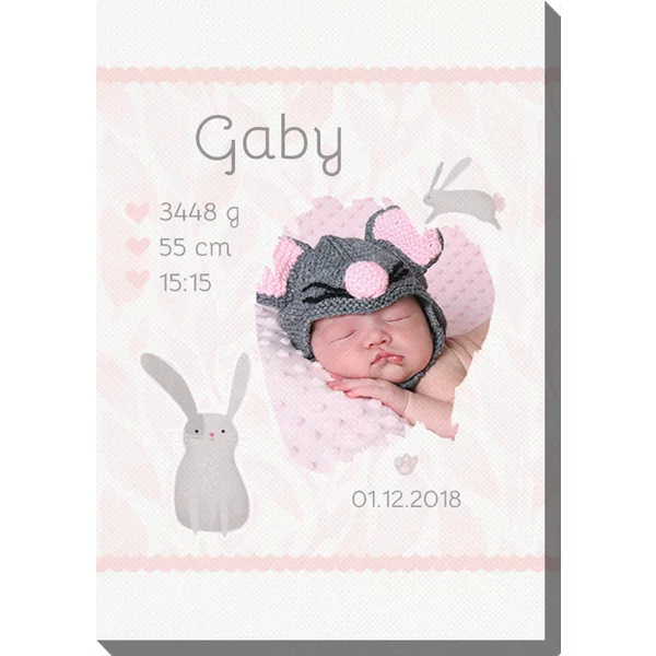 Personalisierte Fotoleinwand 30x40 cm - Geburtsurkunde Hase