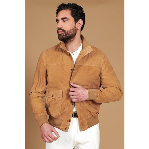 Bomber cuir daim beige avec boutons cuir velours