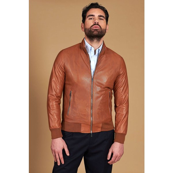 Blouson cuir plongé perforé cognac avec bande élastique assorti