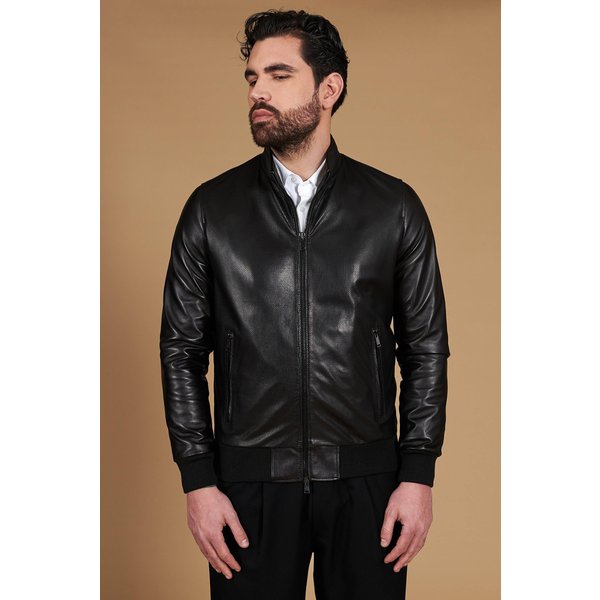 Blouson Cuir Plongé Perforé Noir Avec Bande éLastique Assorti-image