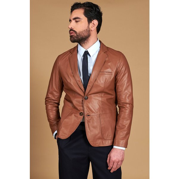 Blazer cuir naturel cognac avec deux boutons