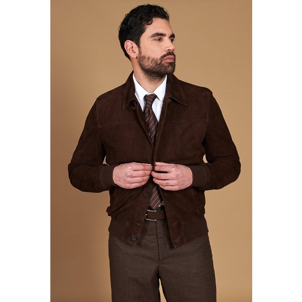 Bomber cuir marron foncé avec boutons cuir velours