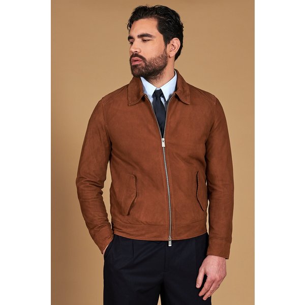 Blouson en cuir daim cognac avec col chemise surpiqué à la main