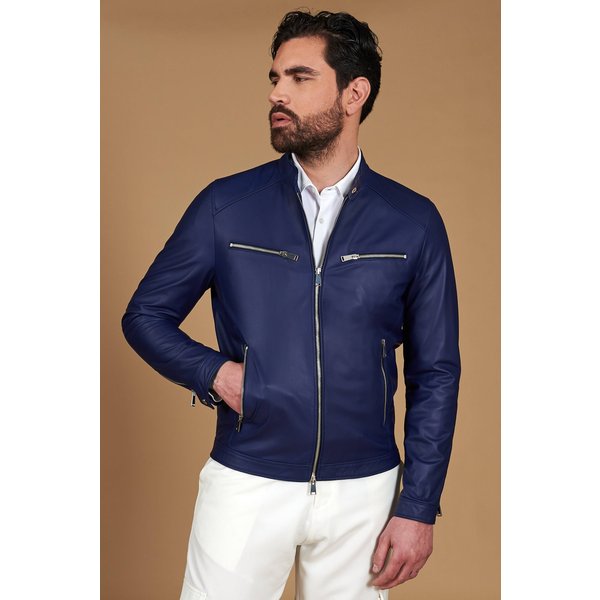 Blouson Cuir Bleu éLectrique Veste Moto Effet Lisse-image