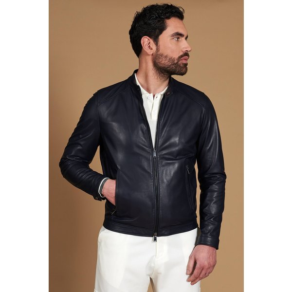 Blouson cuir naturel bleu veste moto cuir aspect lisse