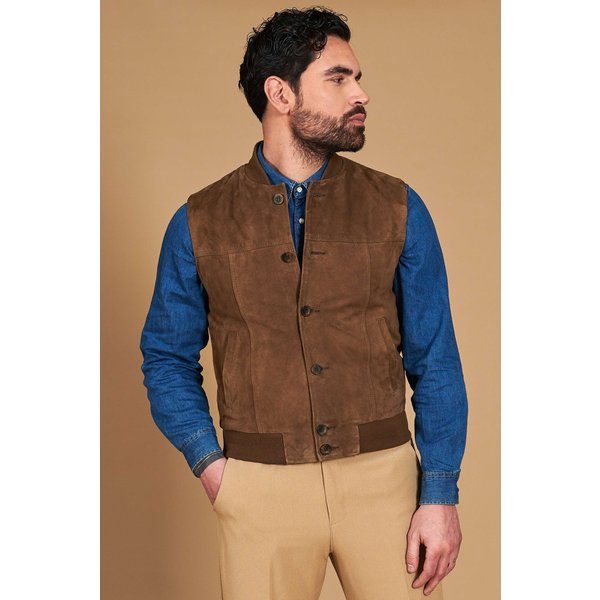 Gilet en cuir suédé taupe avec boutons