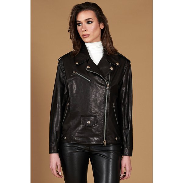 Veste Cuir Vintage Noir Motard Coupe Confortable-image