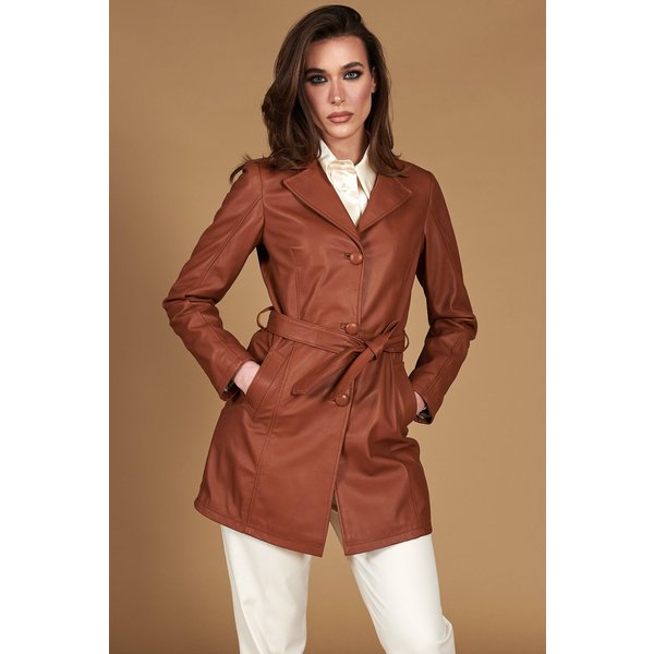 Trench Cuir Cognac à Ceinture Cuir Plongé Aspect Lisse-image