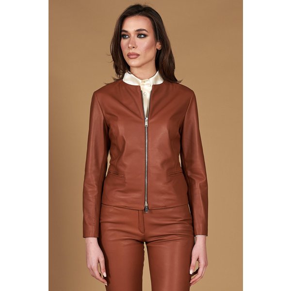 Veste Cuir Naturel Cognac Col Rond Effet Lisse-image