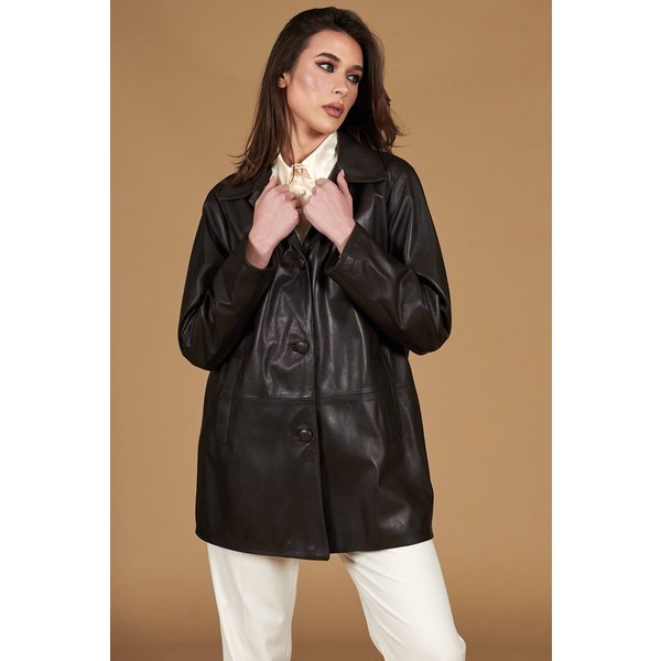 Veste Cuir Marron à Simple Boutonnage Version SurdimensionnéE-image