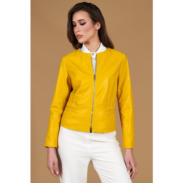 Veste Cuir Naturel Jaune Col Rond Aspect Lisse-image