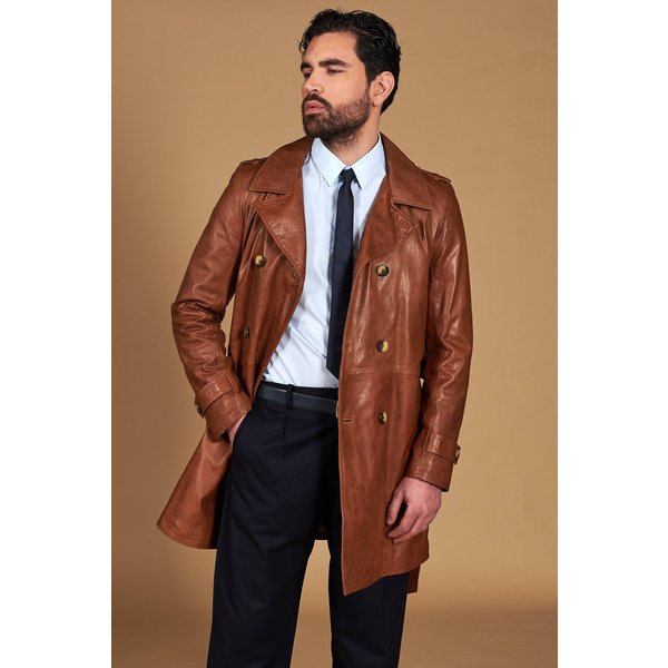 Manteau Cuir Vintage Cognac à Double Boutonnage Et Ceinture-image