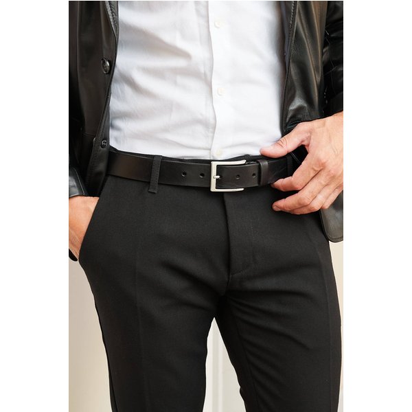 Ceinture Homme En Cuir Noir De Veau Avec Boucle Argenté-image